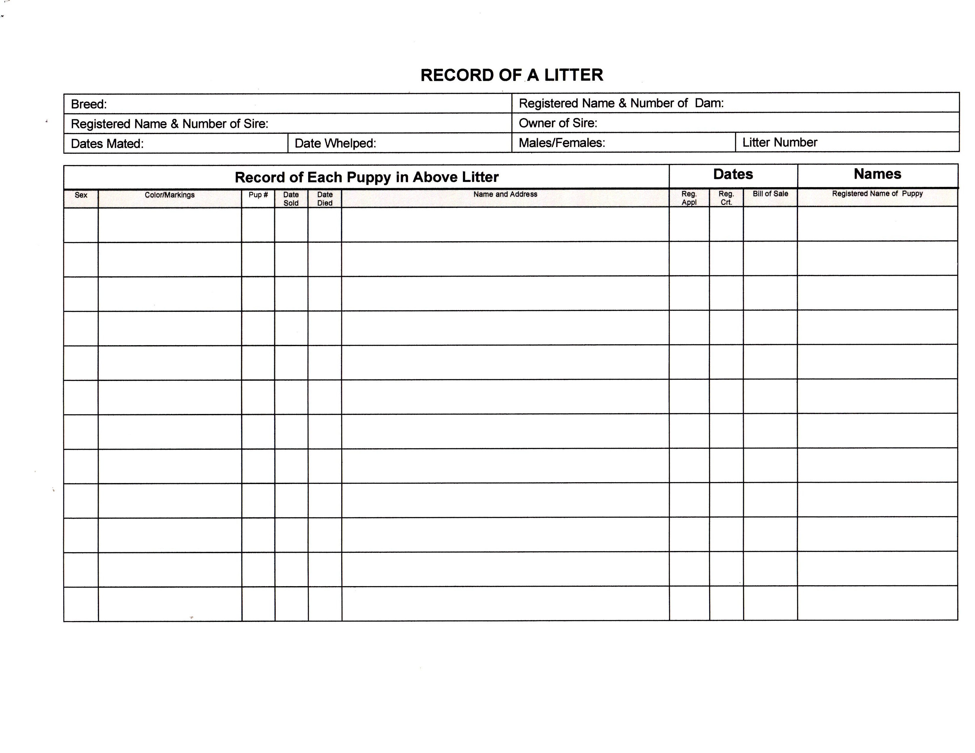 Puppy Litter Weight Record Chart